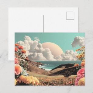 Carte Postale Paysage côtier surréaliste avec fleurs et nuages