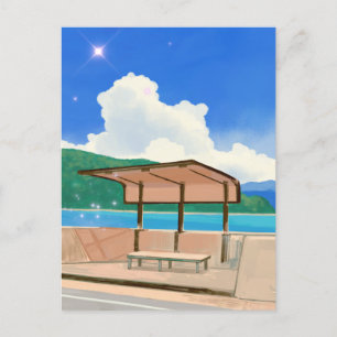 Carte Postale Paysage de dessin été bleu ciel plage