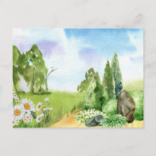 Carte Postale Paysage de nature à l'aquarelle et fleurs de margu