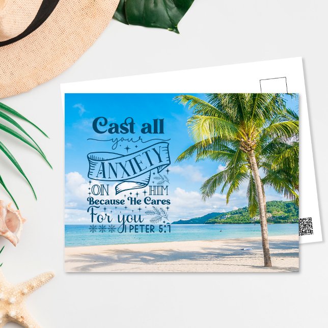 Carte Postale Paysage De Plage Tropical, 1 Pierre 5:7 Bible Vers (Créateur téléchargé)