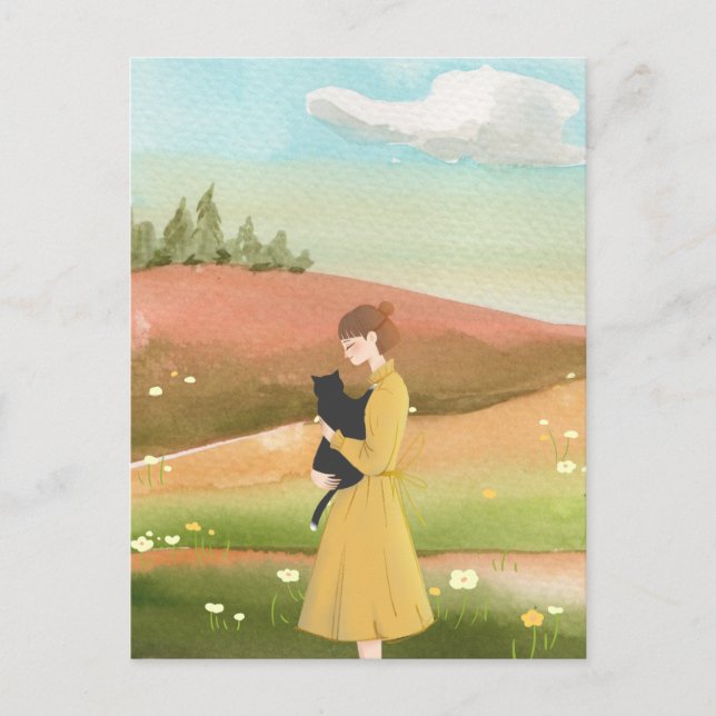Carte Postale Paysage de printemps esthétique femmes avec chat (Devant)