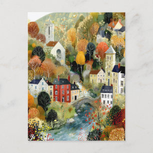 Carte Postale Paysage de village d'automne de style aquarelle