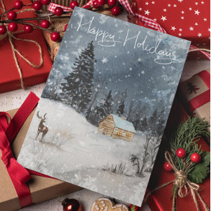 Carte Postale Paysage d'hiver Aquarelle Cabine de vacances Cerf