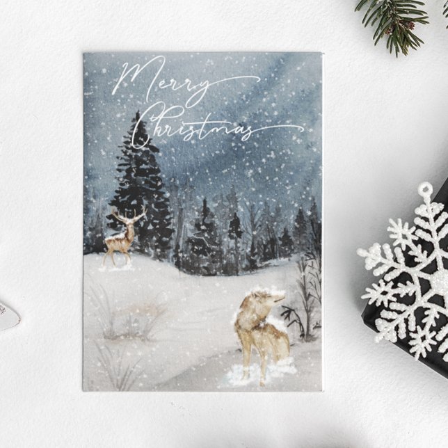 Carte Postale Paysage d'hiver Aquarelle Loup de vacances (Créateur téléchargé)