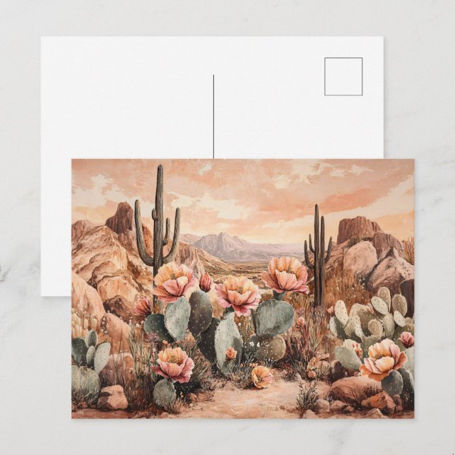 Carte Postale Paysage du désert avec des cactus en fleurs (Devant / Derrière)
