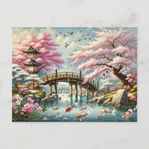 Carte Postale Paysage japonais avec Pont, Koi et Sakura