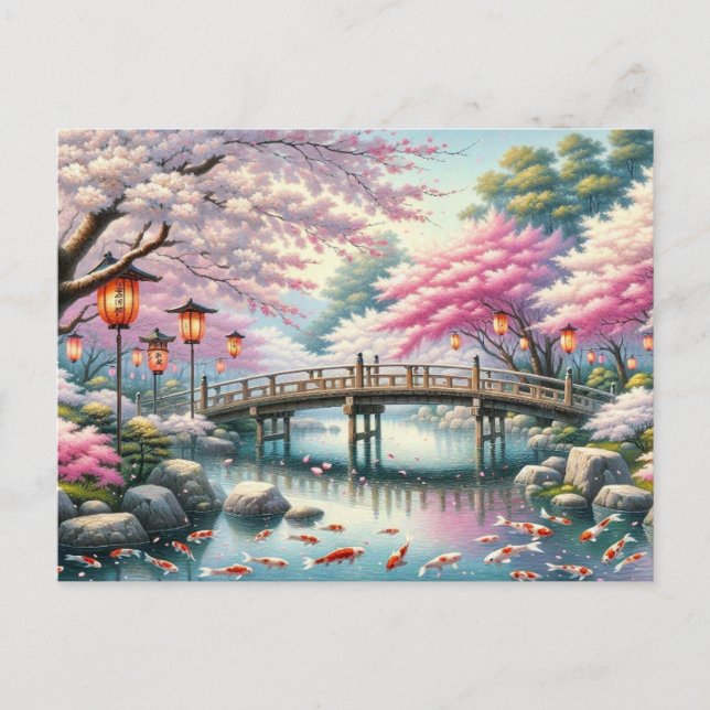 Carte Postale Paysage japonais avec Pont, Koi et Sakura (Devant)