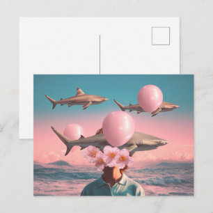 Carte Postale Paysage surréaliste de rêve avec des requins et de