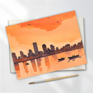 Carte Postale Paysage urbain au coucher du soleil   Aquarelle de