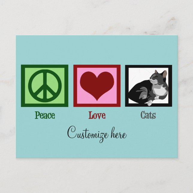 Carte Postale Peace Love Chats Cute Custom Turquoise (Devant)
