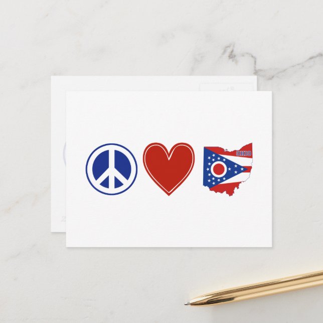 Carte Postale Peace Love Ohio Formé Drapeau d'Etat Buckeye Coeur (Devant/Arrière en situation)