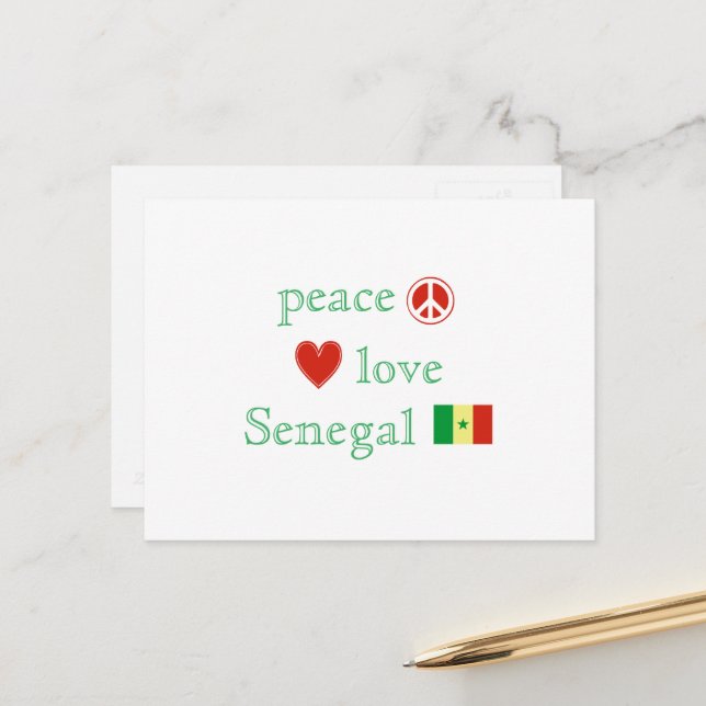Carte Postale Peace Love Sénégal Coeur et drapeau sénégalais (Devant/Arrière en situation)