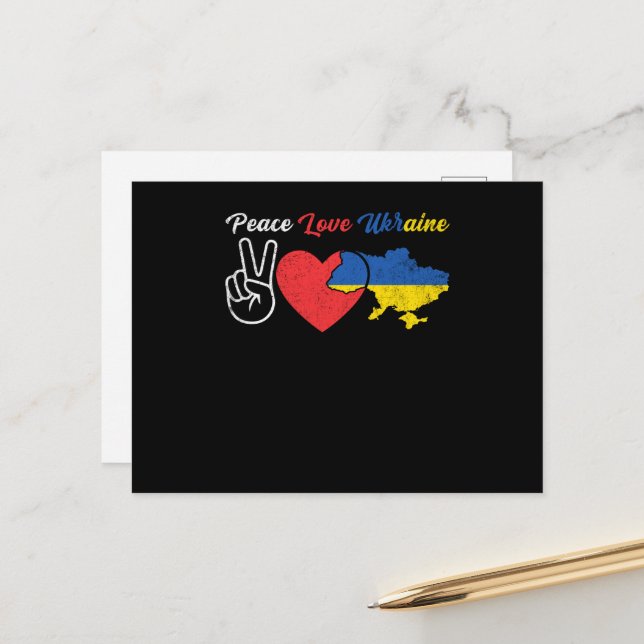 Carte Postale Peace Love Ukraine Pavillon ukrainien Coeur (Devant/Arrière en situation)