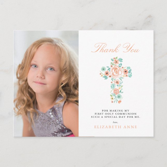 Carte Postale Peach Floral Cross Premier Merci de communion (Devant)
