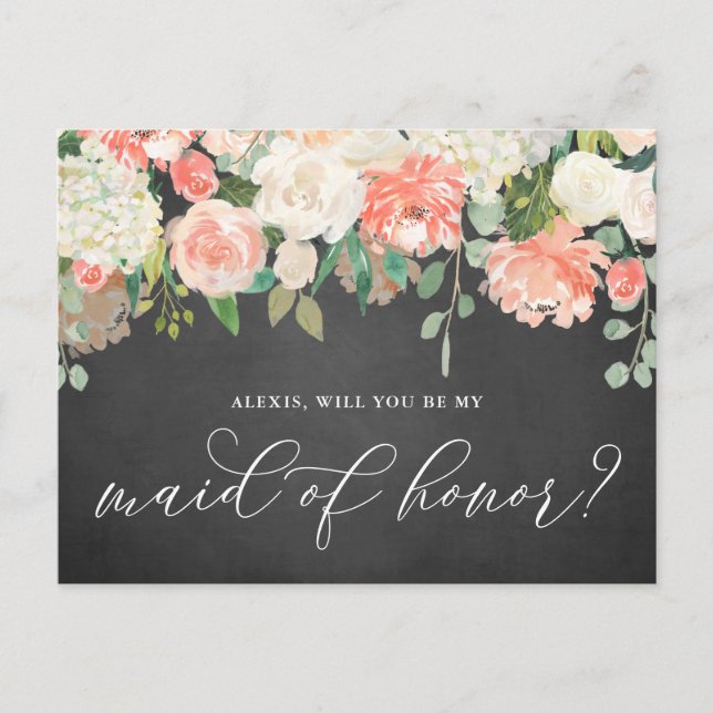 Carte Postale Peach Flowers Chalkboard Be My Maid of Honor (Devant)