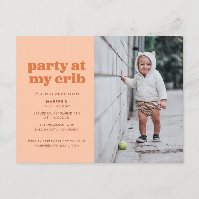 Carte Postale Peach Party à My Crib 1ère fête d'anniversaire Inv (Devant)