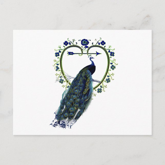 Carte Postale Peacock étonnant et cadre de fleur de coeur orné (Devant)