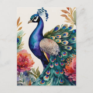 Carte Postale Peacock Floral Aquarelle Art