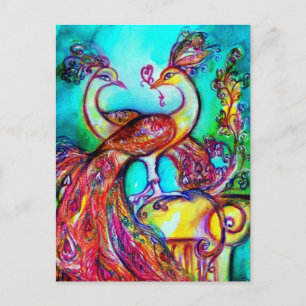 Carte Postale PEACOCKS IN LOVE MONOGRAM rouge bleu turquase vert