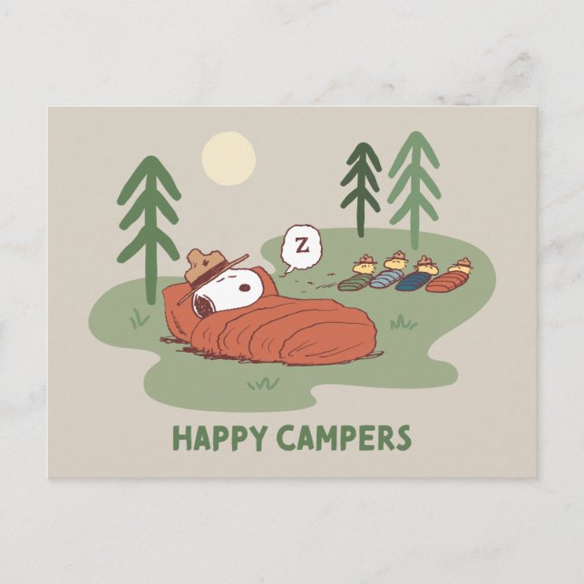 Carte Postale Peanuts | Snoopy & Woodstock campeurs endormis (Devant)