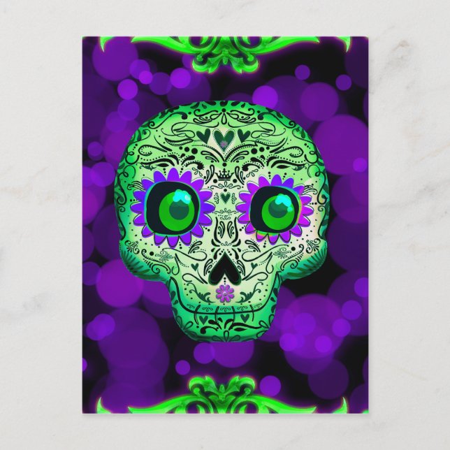 Carte Postale Peau de sucre vert et violet brillant Halloween Pa (Devant)