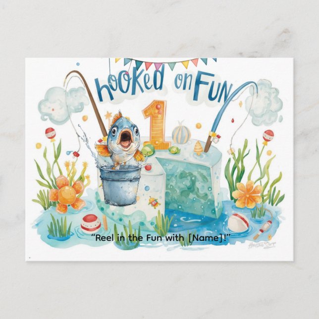 Carte Postale Pêche 1er Anniversaire pour Petits Pêcheurs Fête (Devant)