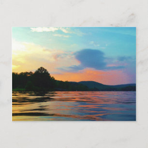 Carte Postale Pêche et coucher de soleil sur le lac de montagne