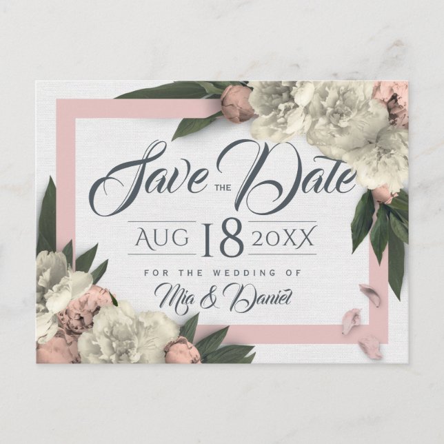 Carte Postale Pêche romantique et pivoines florales blanches (Devant)
