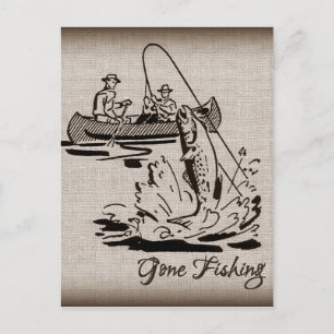 Carte Postale Pêche Vintage Canoë Kayak Poisson sur Burlap