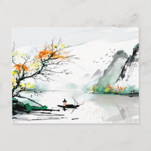 Carte Postale Pêcheur chinois sur un lac de montagne