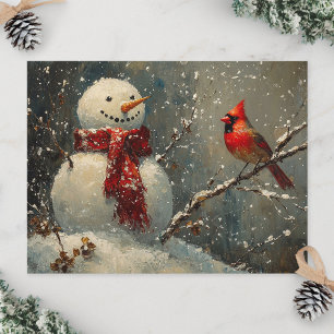 Carte Postale Peintre à l'huile bonhomme de neige et cardinal