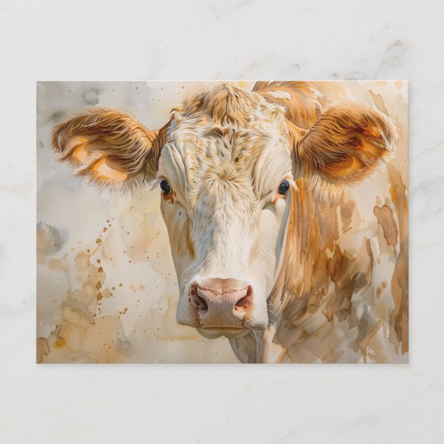 Carte Postale Peinture à l'aquarelle de portrait de vache (Devant)