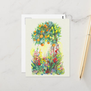 Carte Postale Peinture à l'aquarelle d'un arbre orange et de fle