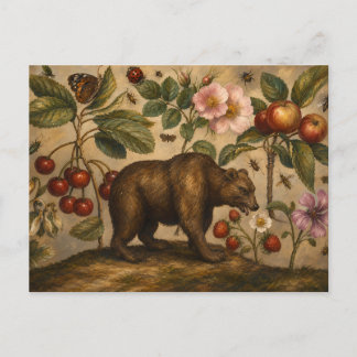 Carte Postale Peinture à l'huile botanique vintage de l'ours et