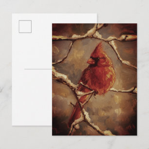 Carte Postale Peinture à l'huile de Cardinal Rouge sur Branche d
