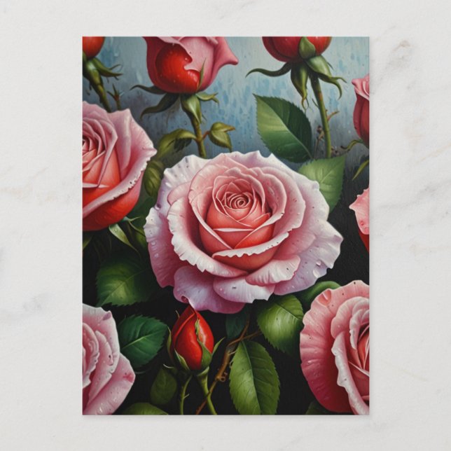 Carte Postale Peinture à l'huile de fleurs de rose (Devant)