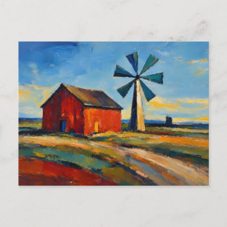Carte Postale Peinture abstraite de grange rouge et moulin à ven