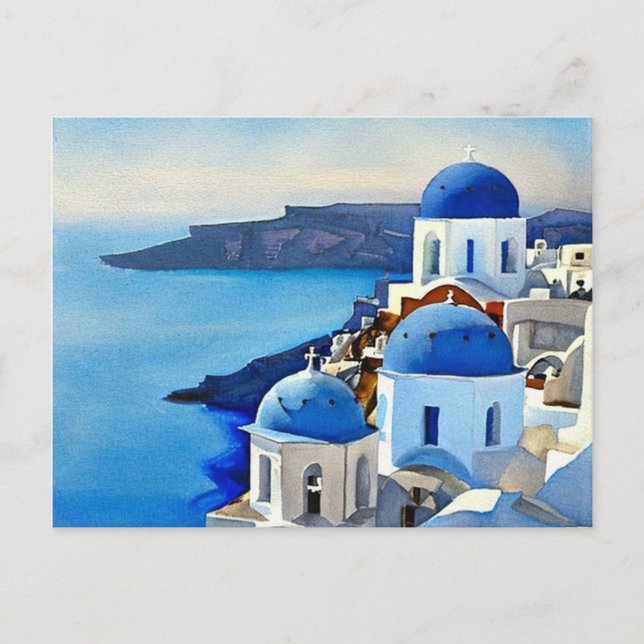 Carte Postale Peinture aquarelle de Santorin Grèce (Devant)