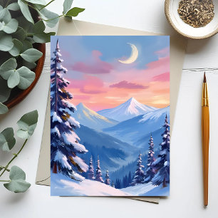 Carte Postale Peinture aquarelle d'hiver de lune de montagne