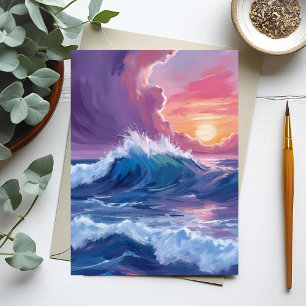 Carte Postale Peinture aquarelle du coucher de soleil aux vagues