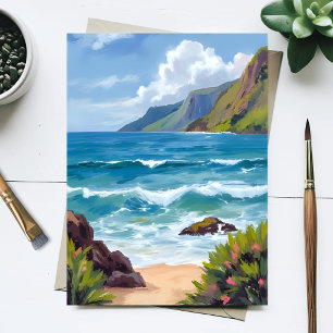 Carte Postale Peinture aquarelle Vagues bleues du bord de l'océa