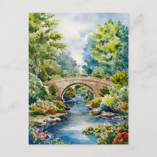 Carte Postale peinture art paysage jardin vert pont