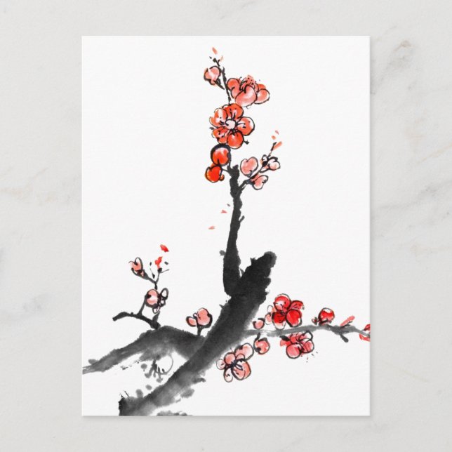 Carte Postale Peinture chinoise de fleurs, fleurs de prune (Devant)