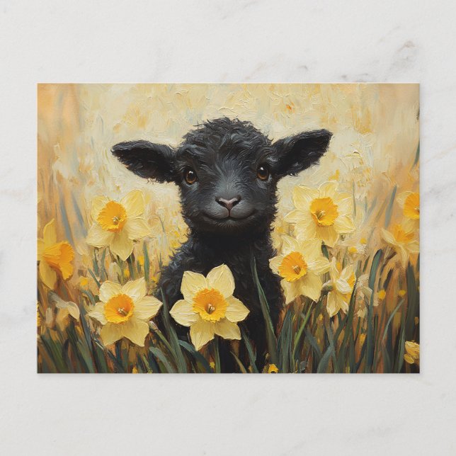 Carte Postale Peinture d'agneau noir et de jonquilles jaune (Devant)
