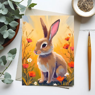 Carte Postale Peinture d'animal de lapin brun floral de champ