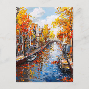 Carte Postale Peinture de canal d'automne avec bateaux et maison