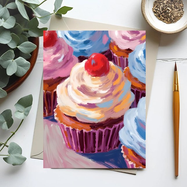 Carte Postale Peinture de cupcakes aux cerises Joyeux Anniversai (Créateur téléchargé)