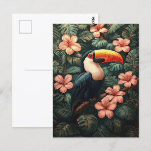Carte Postale Peinture de fleurs roses tropicales de toucan