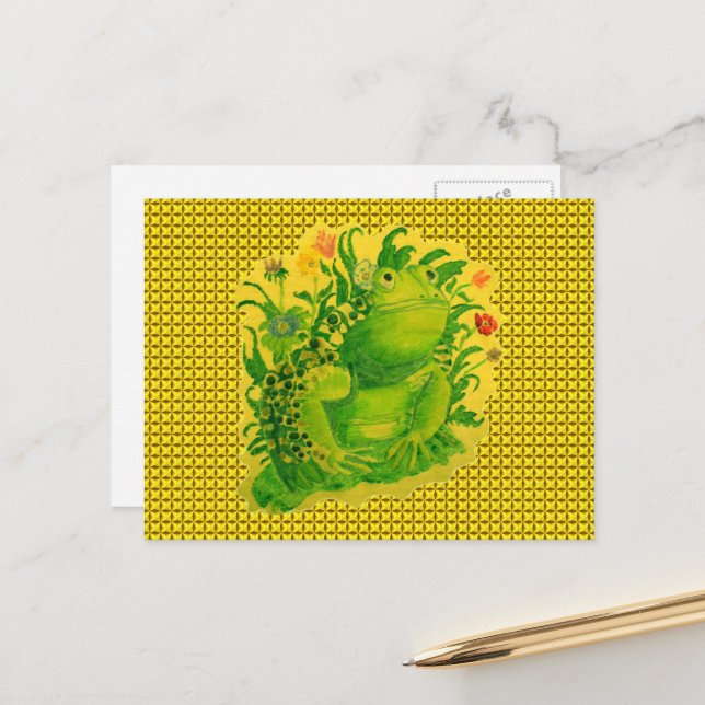Carte Postale Peinture de grenouille verte mignonne (Devant/Arrière en situation)