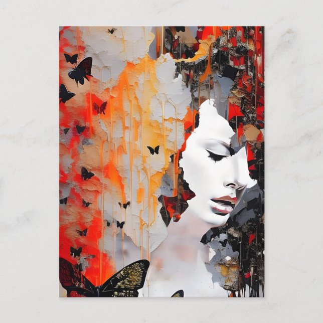 Carte Postale Peinture de Grunge pour la femme et les papillons (Devant)